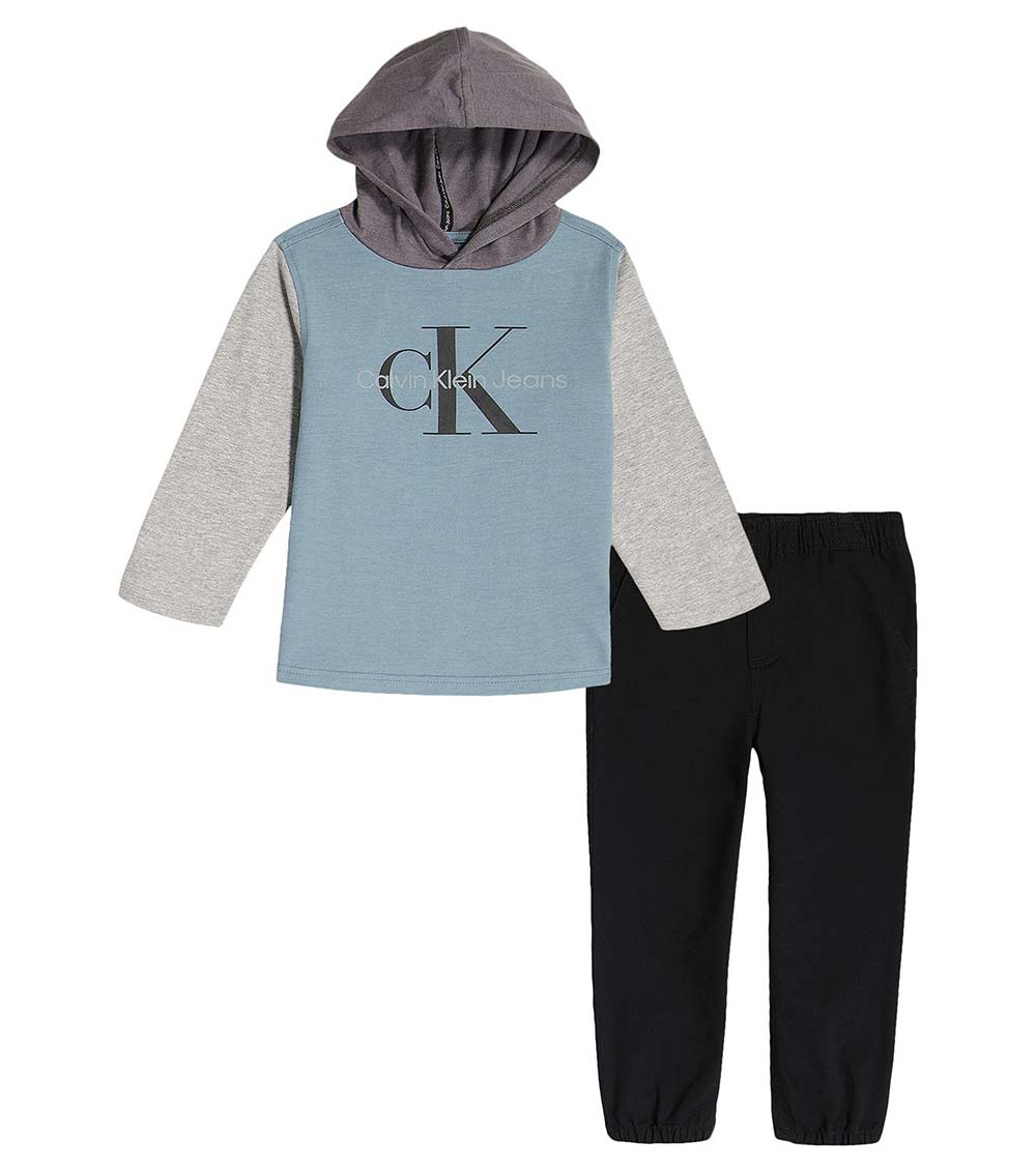 Calvin Klein 2-Piece Blue Grey Color Block Hooded T-shirt /Joggers Set  (Little Boys)