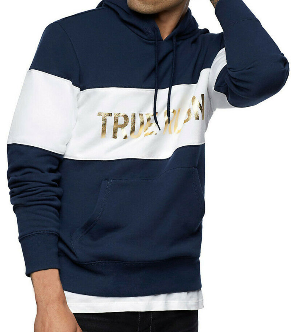 True Religion Men Dark Blue Color Block Logo Hoodie, XXL| Luxury Sweatshirts & Hoodies for Men | Darveys