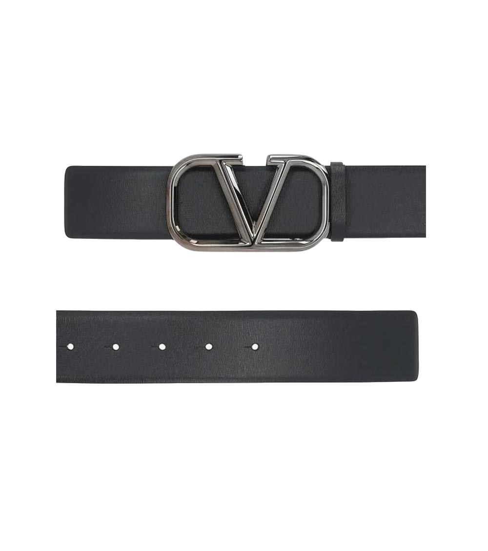 Valentino Garavani Vlogo Buckle Leather Belt - Black