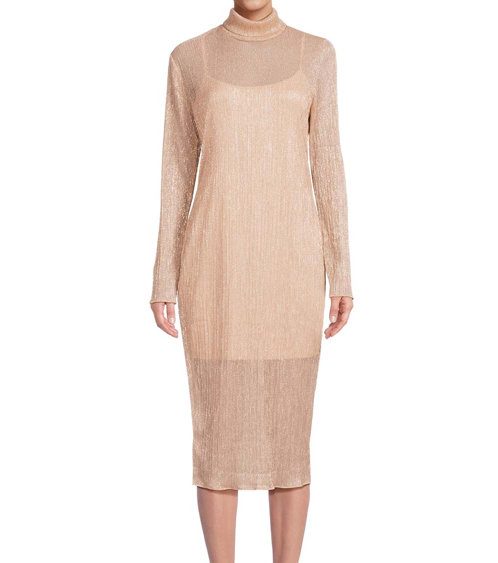 BCBGMaxazria Peach Metallic Turtleneck Midi Dress for Women Online