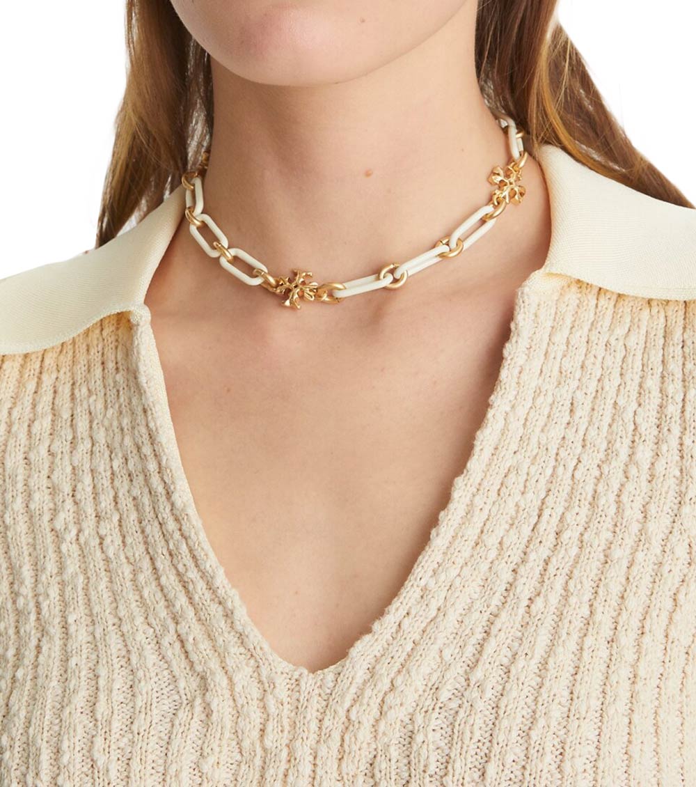 Tory Burch White Golden Roxanne Chain Short Necklace for