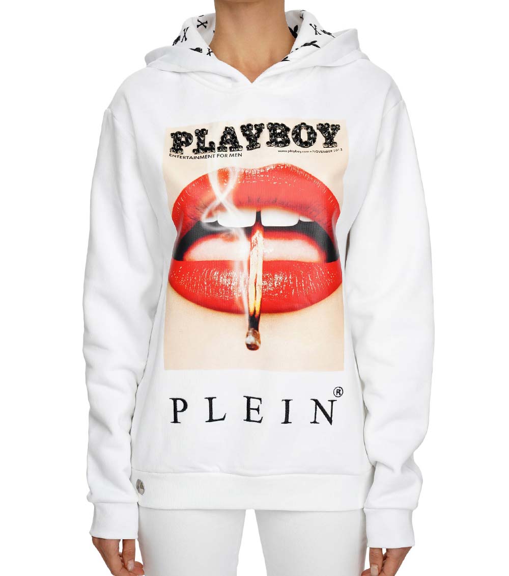 Philipp Plein White Playboy Lips Printed Crystal Hoodie for Women Online India at Darveys