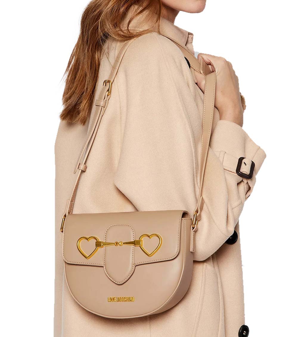 Love Moschino Light Brown Heart Clamp Small Crossbody Bag for