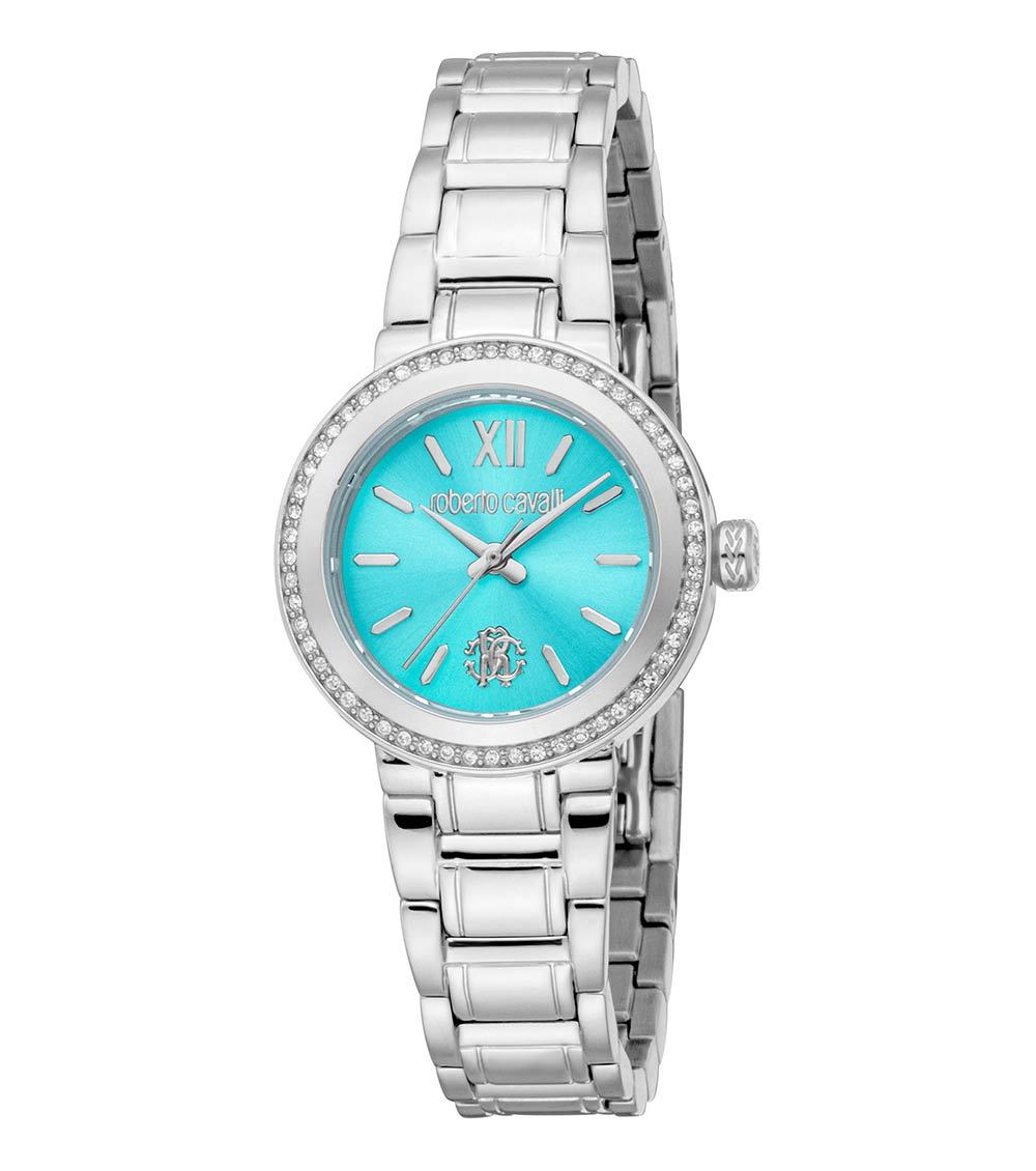 Roberto Cavalli Silver Crystal Turquoise Round Dial Watch for