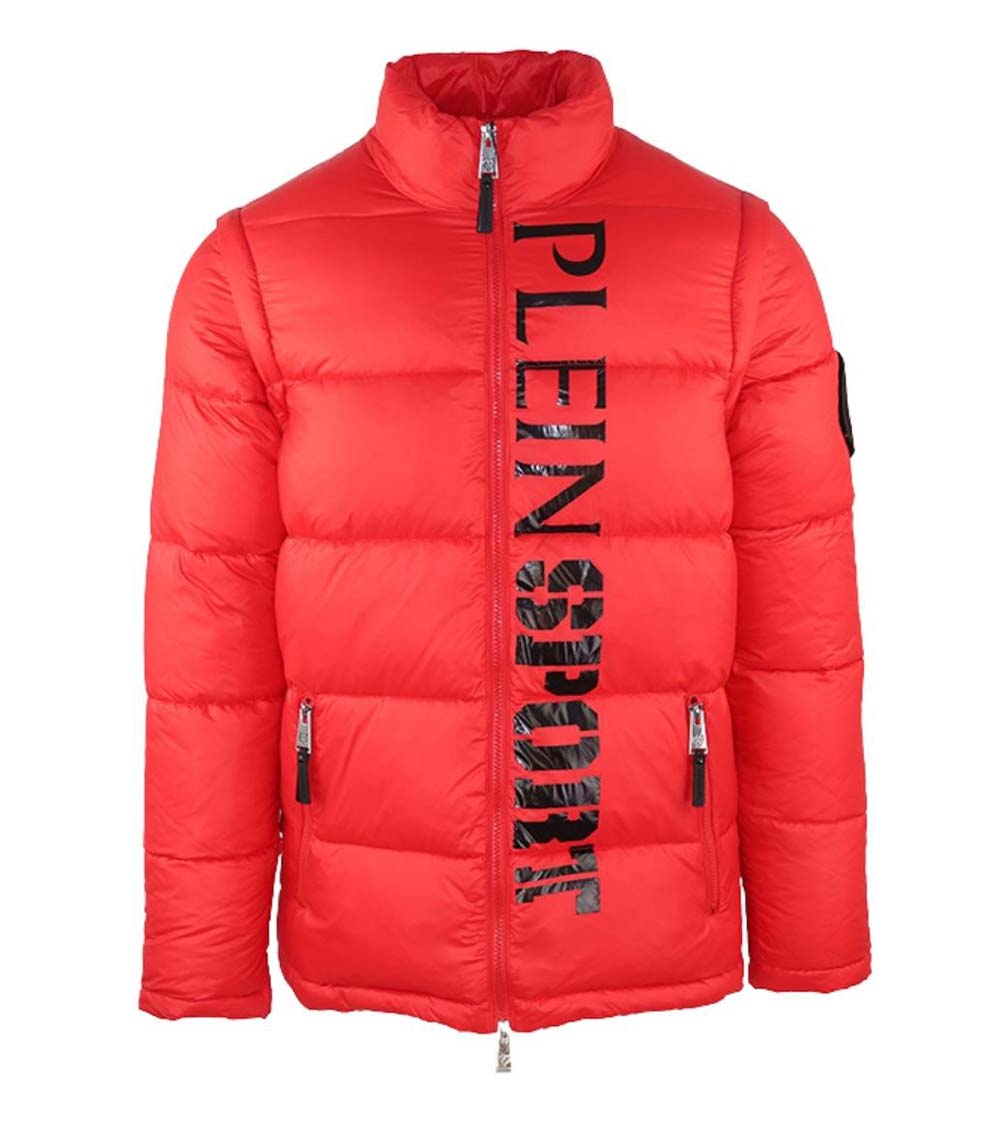 Philipp Plein Red Padded Vertical Logo Jacket for Men Online India