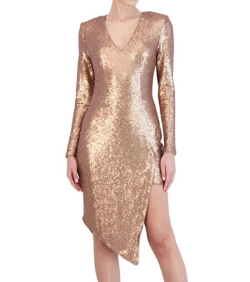 BCBGMaxazria Golden Asymmetric Sequined Dress for Women Online