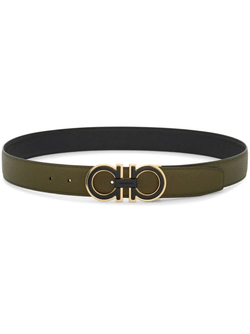 Ferragamo Double Buckle Reversible Gancini Belt In Green