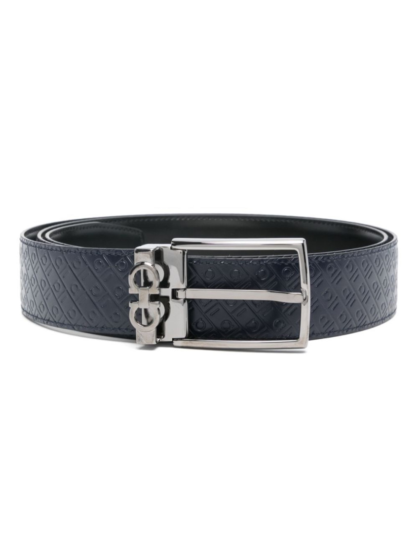 Ferragamo Double Logo-embossed Leather Belt In Dark Blue