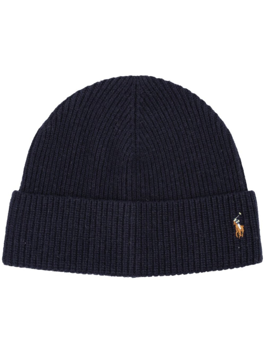 Polo Ralph Lauren Folded Brim Ribbed Knit Beanie Hat In Navy Blue