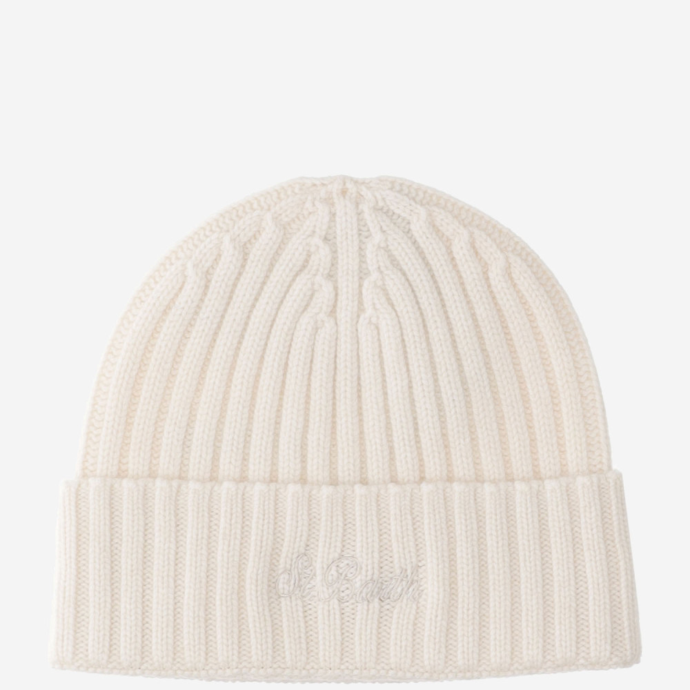 Mc2 Saint Barth Off White Ribbed Logo Beanie Hat