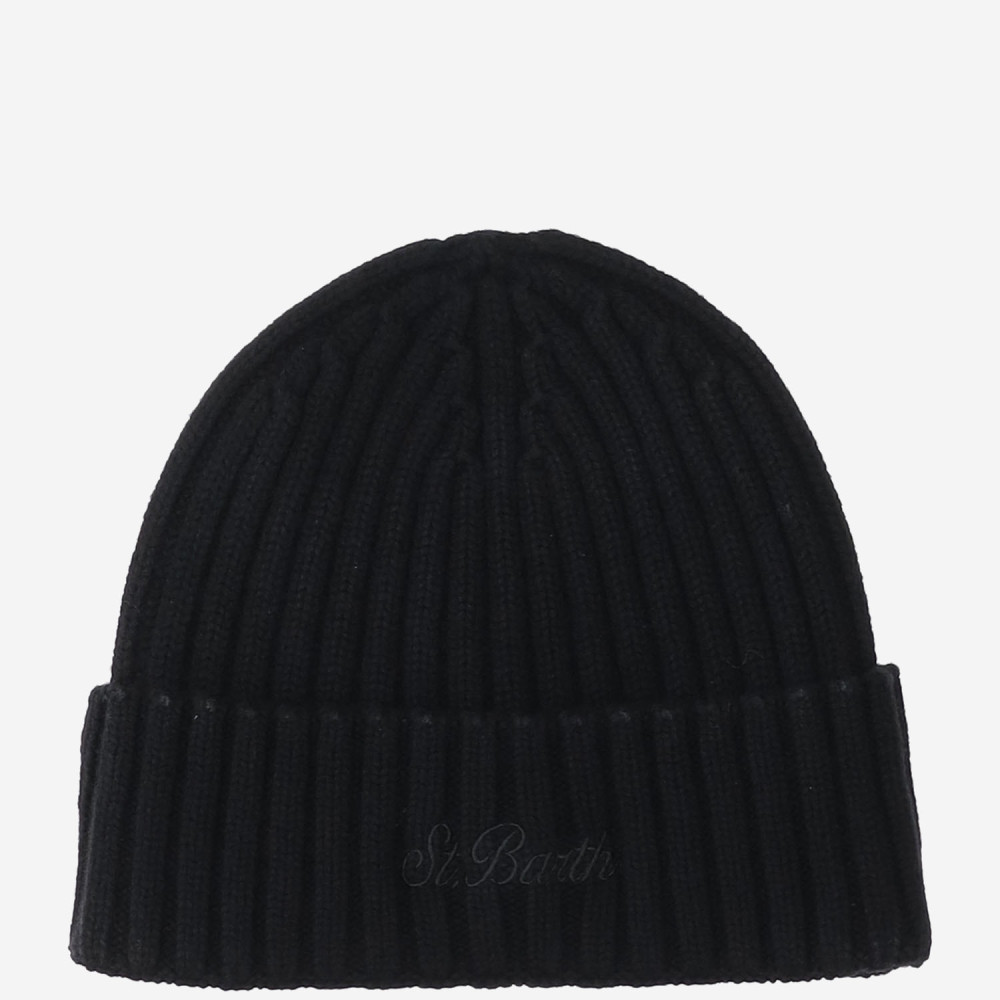 Mc2 Saint Barth Black Ribbed Logo Beanie Hat