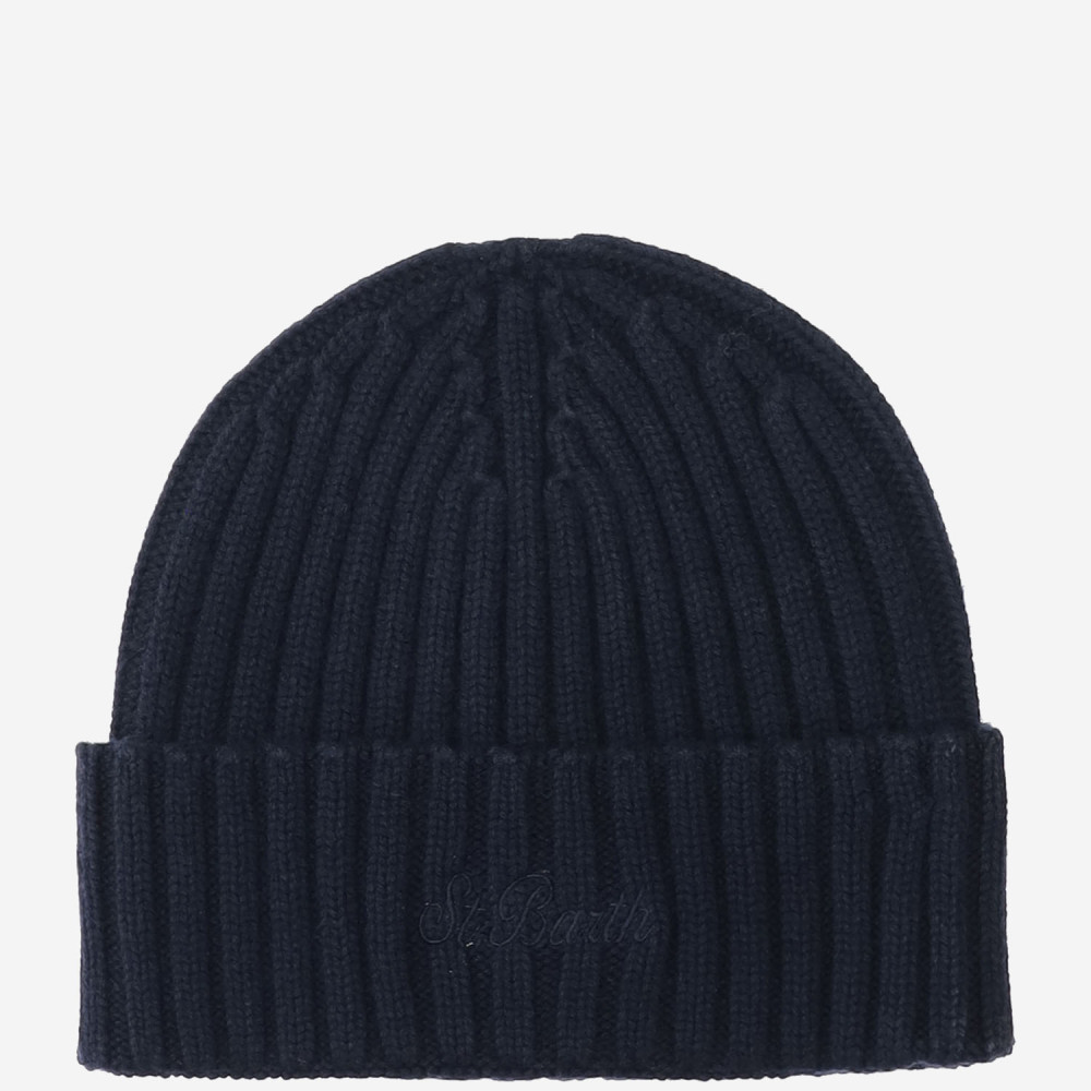 Mc2 Saint Barth Navy Blue Ribbed Logo Beanie Hat