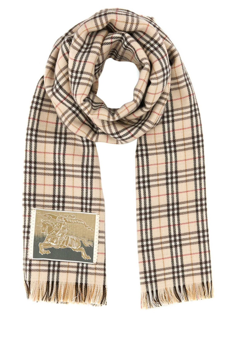 Burberry Wool Blend Scarf With Embroidered Checkered Pattern