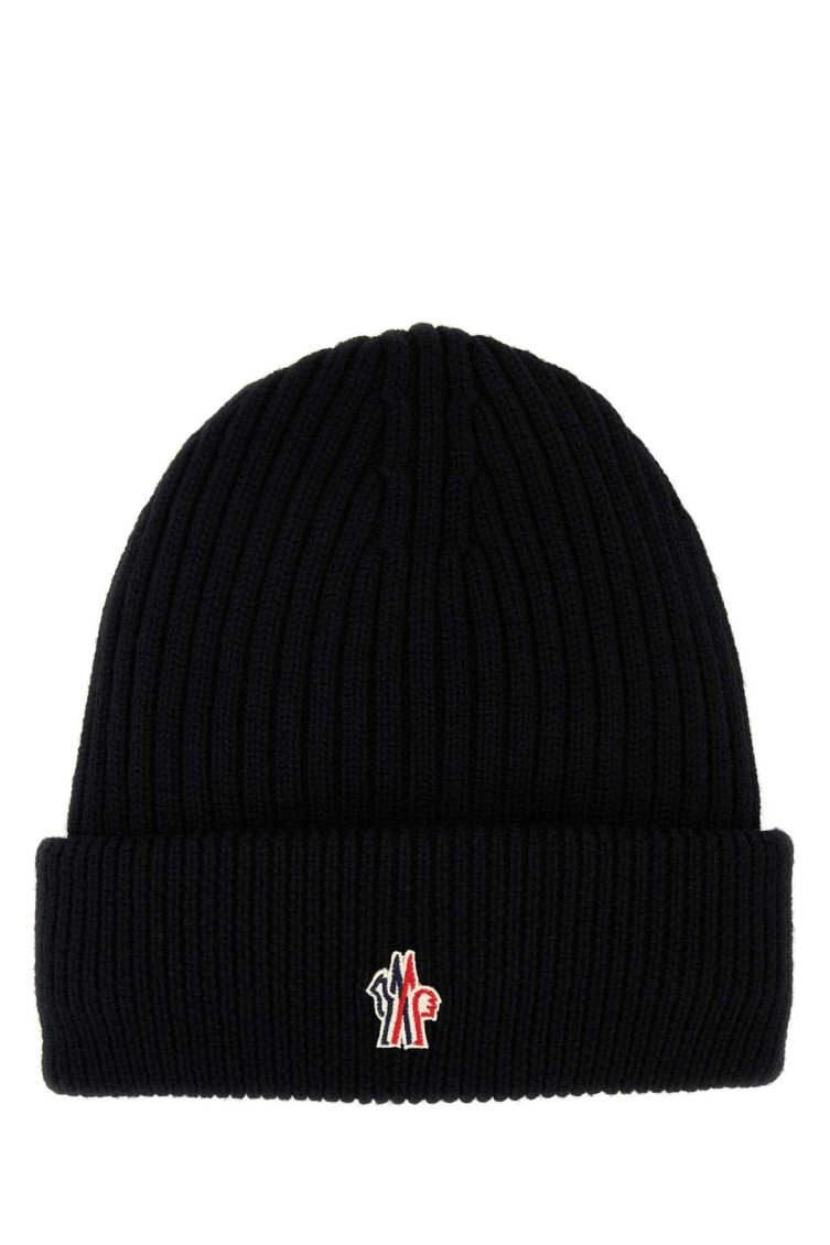 Moncler Grenoble Black Ribbed Beanie With Logo Patch In Wool Man In Black
