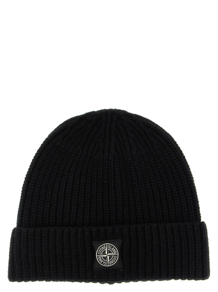 Stone Island Ribbed Knit Beanie With Compass Logo Patch In Black