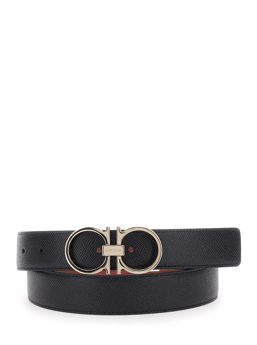 Ferragamo Black Reversible Belt With Gancini Buckle Closure In Black