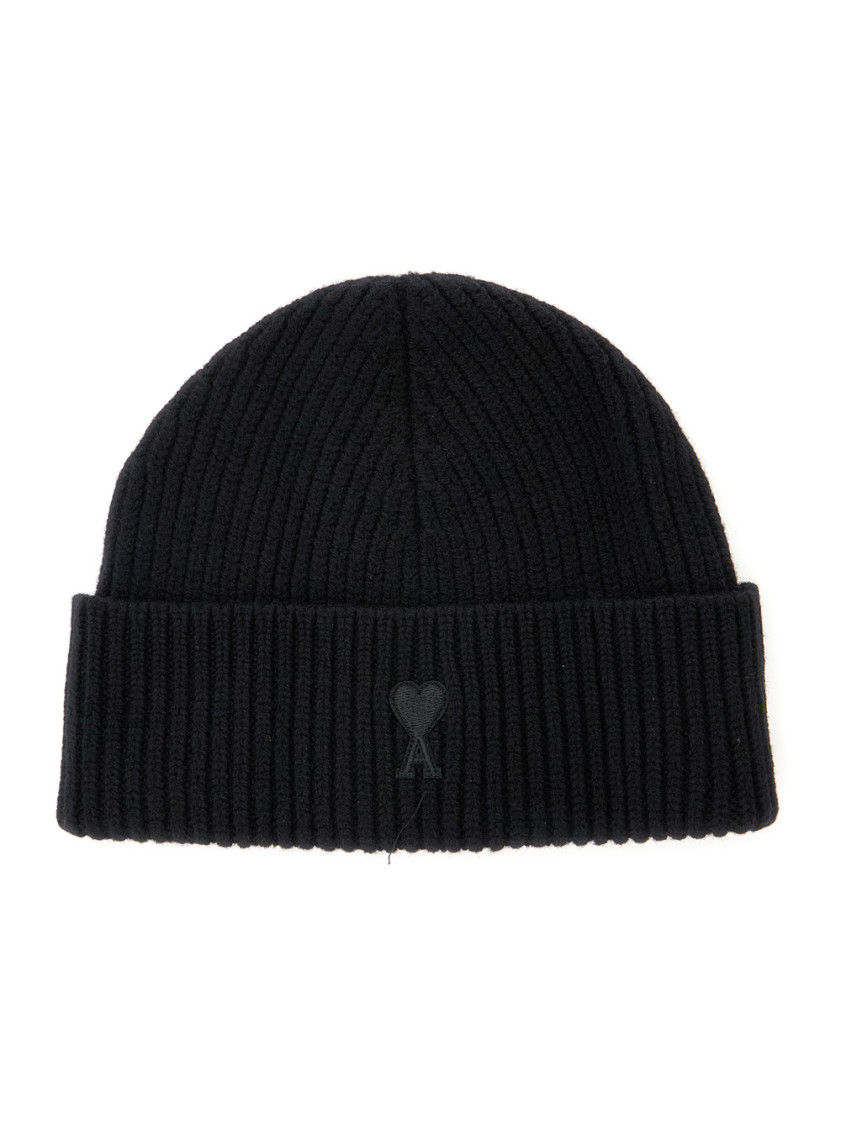 Ami Alexandre Mattiussi Ami Paris Men Black Ribbed Knit Beanie With Logo Embroidery On The Front In Wool Man In Black