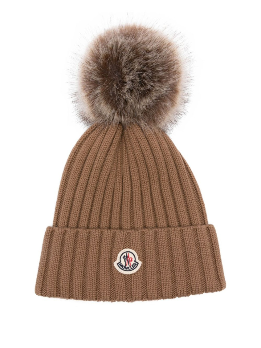 Moncler Beige Textured Pom Pom Beanie Hat In Sand