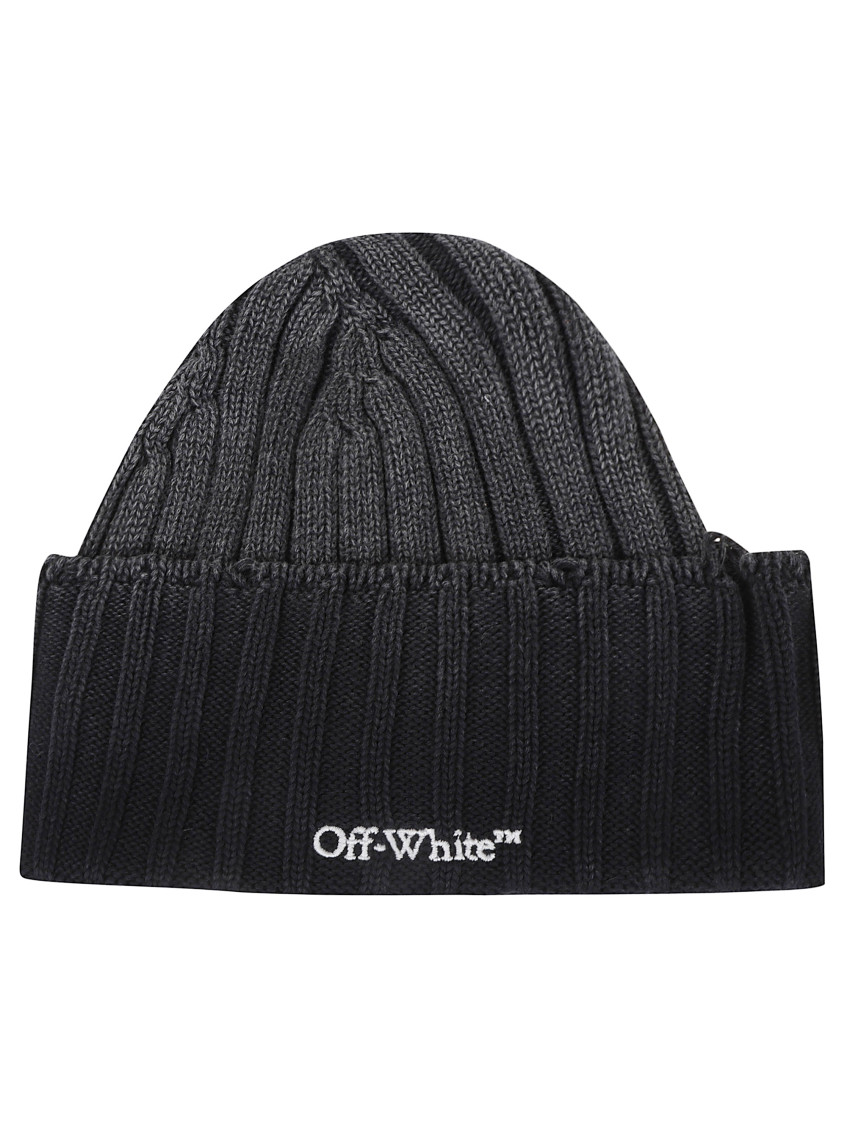 Off-white Logo Ribbed Texture Fold-over Cuff Hat In Black