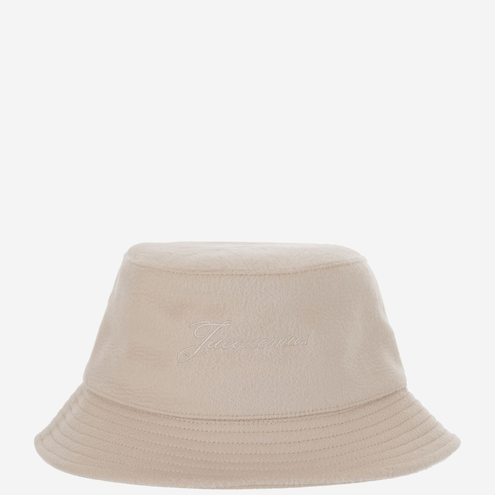 Jacquemus Beige Embroidered Logo Bucket Hat In Gray