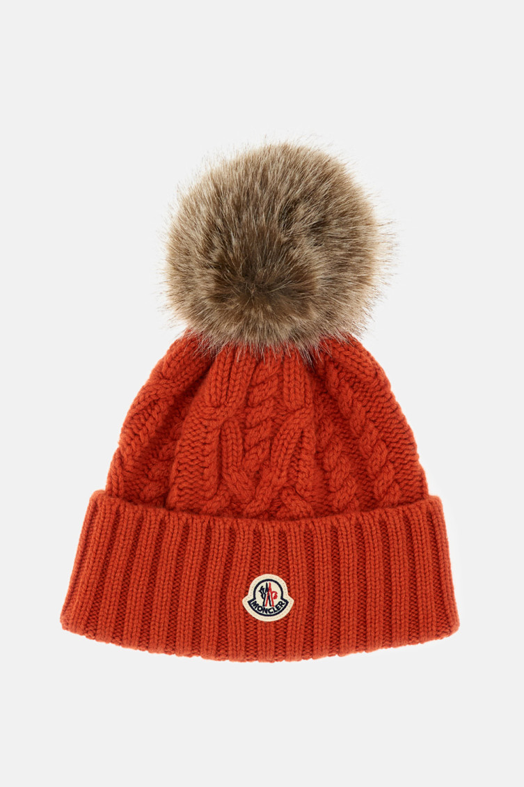 Moncler Orange Textured Pom Pom Beanie Hat