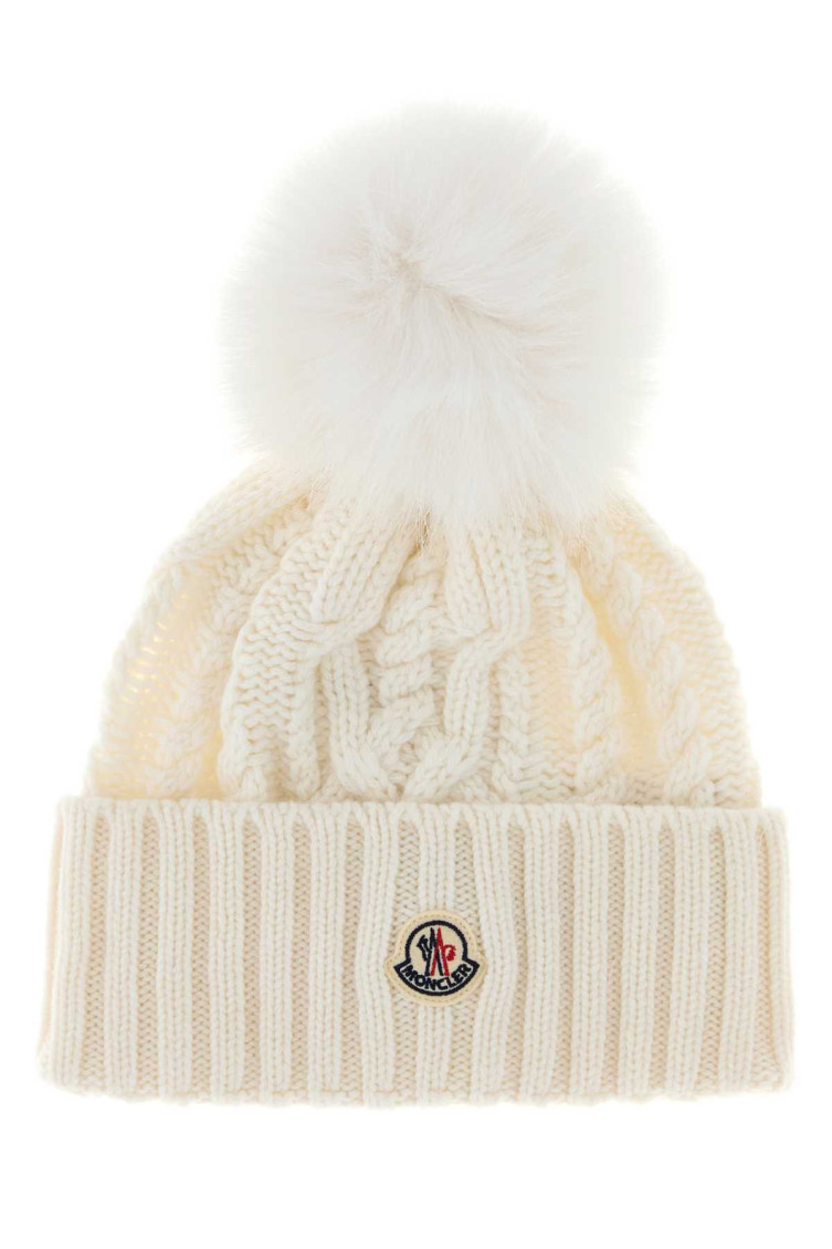 Moncler Cozy Wool Blend Beanie With Pom Detail In White
