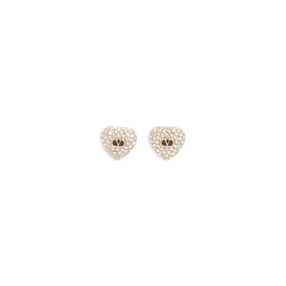 Valentino Golden Crystal Embellished Heart Stud Earrings In Gold