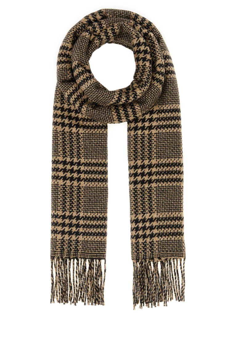 Saint Laurent Beige Black Houndstooth Pattern Scarf In Brown