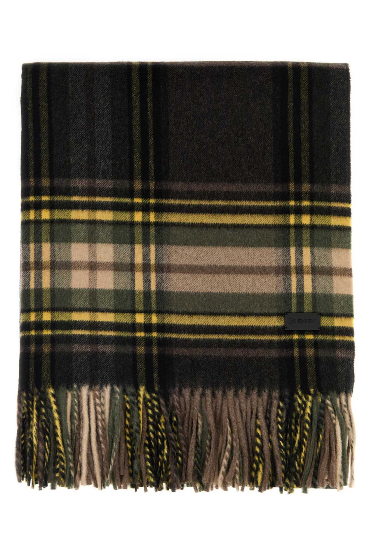 Saint Laurent Cashmere Blend Scarf Featuring Plaid Design In Brown