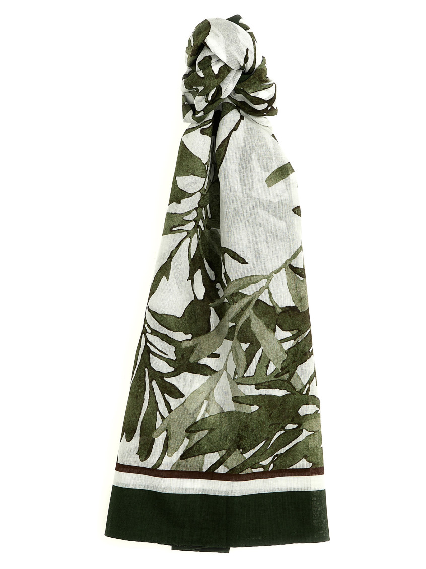 Brunello Cucinelli 'botanical Leaf Print Sheer Scarf' In Green