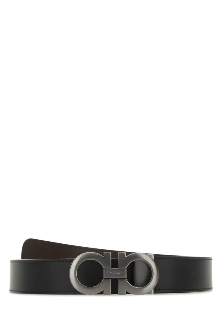 Ferragamo Salvatore Man's Bicolor Leather Belt With Logo Buckle In Black