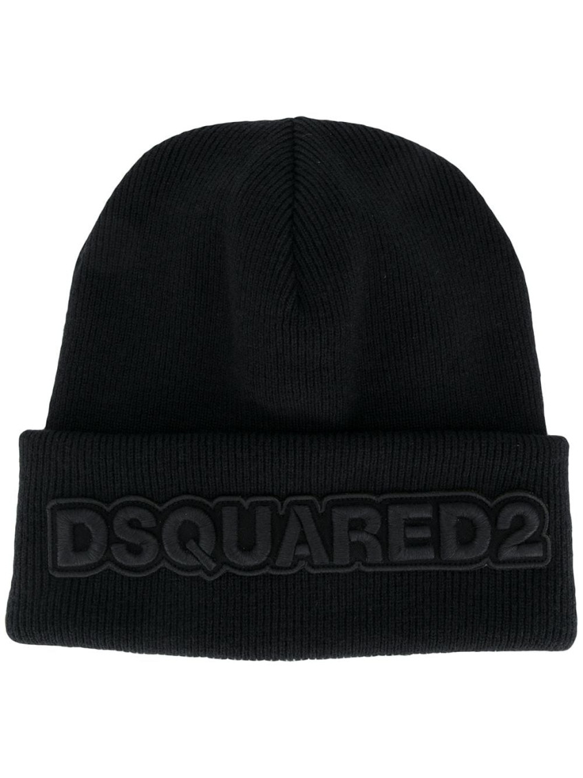 Dsquared2 Knit Folded Cuff Wool Beanie In Black
