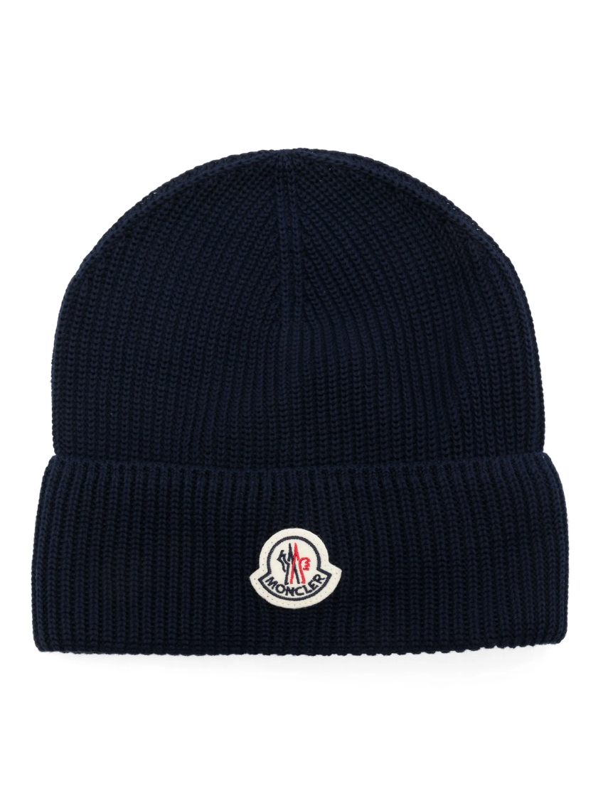 Moncler Logo-appliqué Ribbed-knit Beanie In Blue