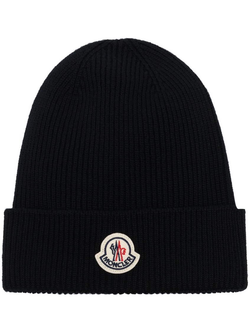 Moncler Mens Black Logo-patch Ribbed Wool-cashmere Beanie Hat In Black
