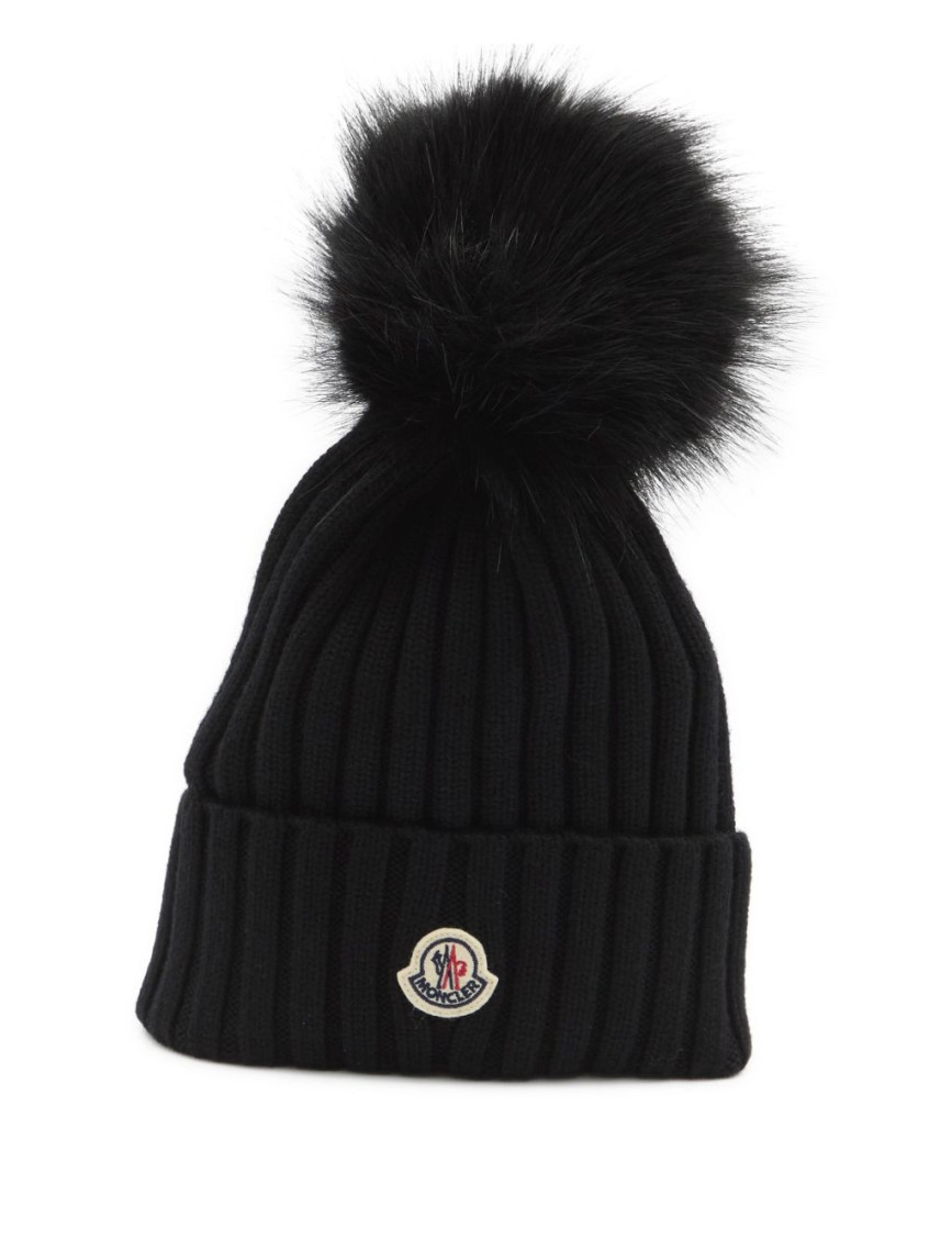 Moncler Ribbed Knit Wool Beanie With Faux Fur Pom-pom In Black