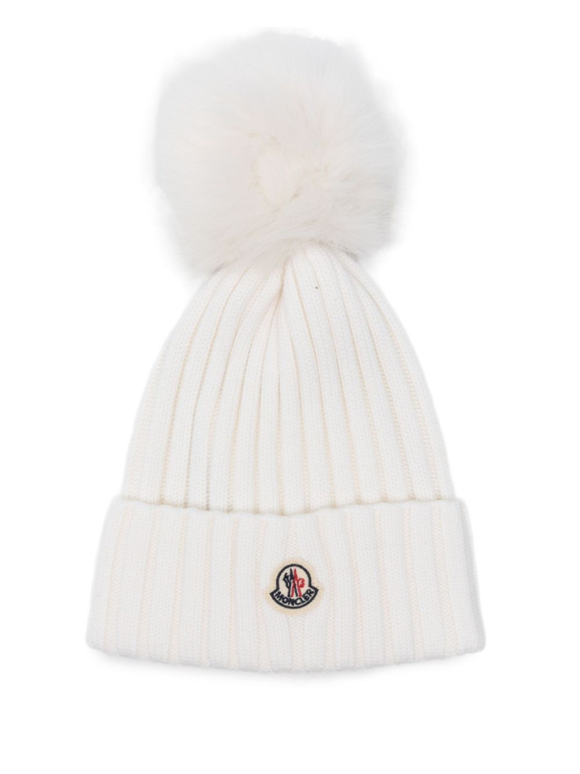 Moncler Ribbed Wool Beanie With Faux Fur Pom In White