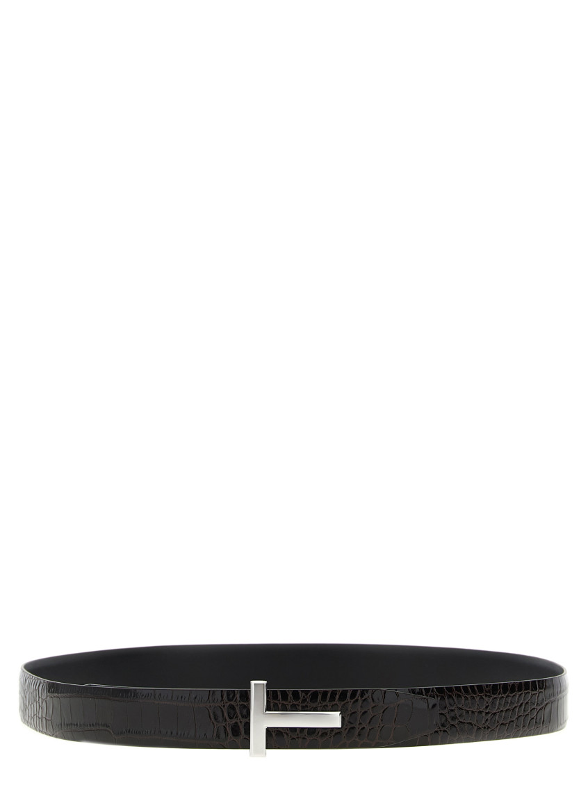 Tom Ford Brown Reversible Logo Buckle Textured Belt In Black
