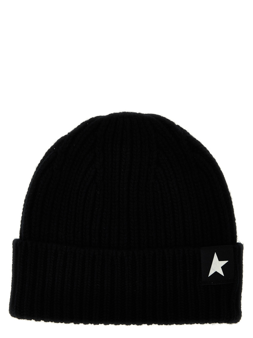Golden Goose Mans Ribbed Black Wool Hat With Logo In Black