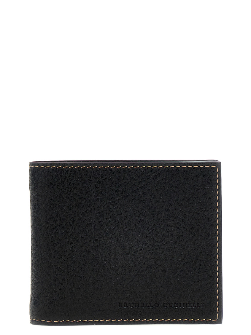 Brunello Cucinelli Leather Bi-fold Wallet Contrast Stitching In Black