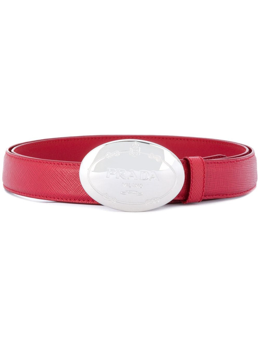 Prada Oval Engraved Buckle Leather Belt In Red