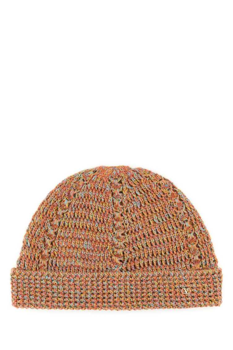 Valentino Multicolor Linen Blend Knitted Vlogo Signature Beanie Hat In Brown