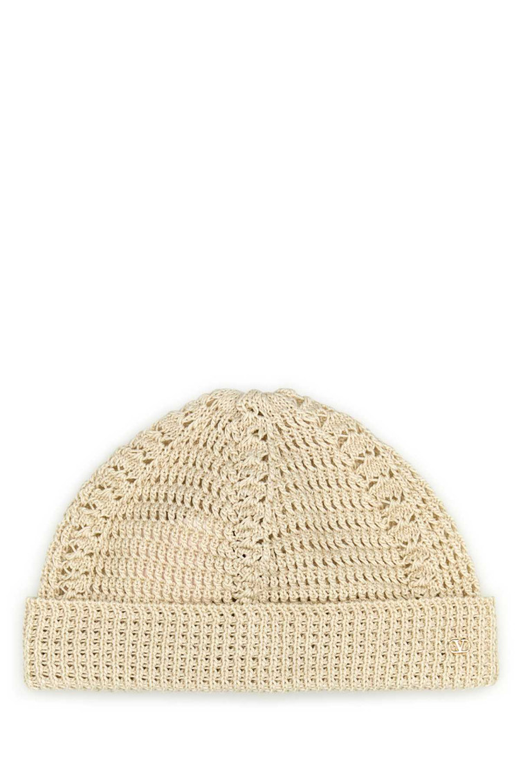 Valentino Garavani Sand Cotton Knitted Vlogo Signature Beanie Hat In Beige
