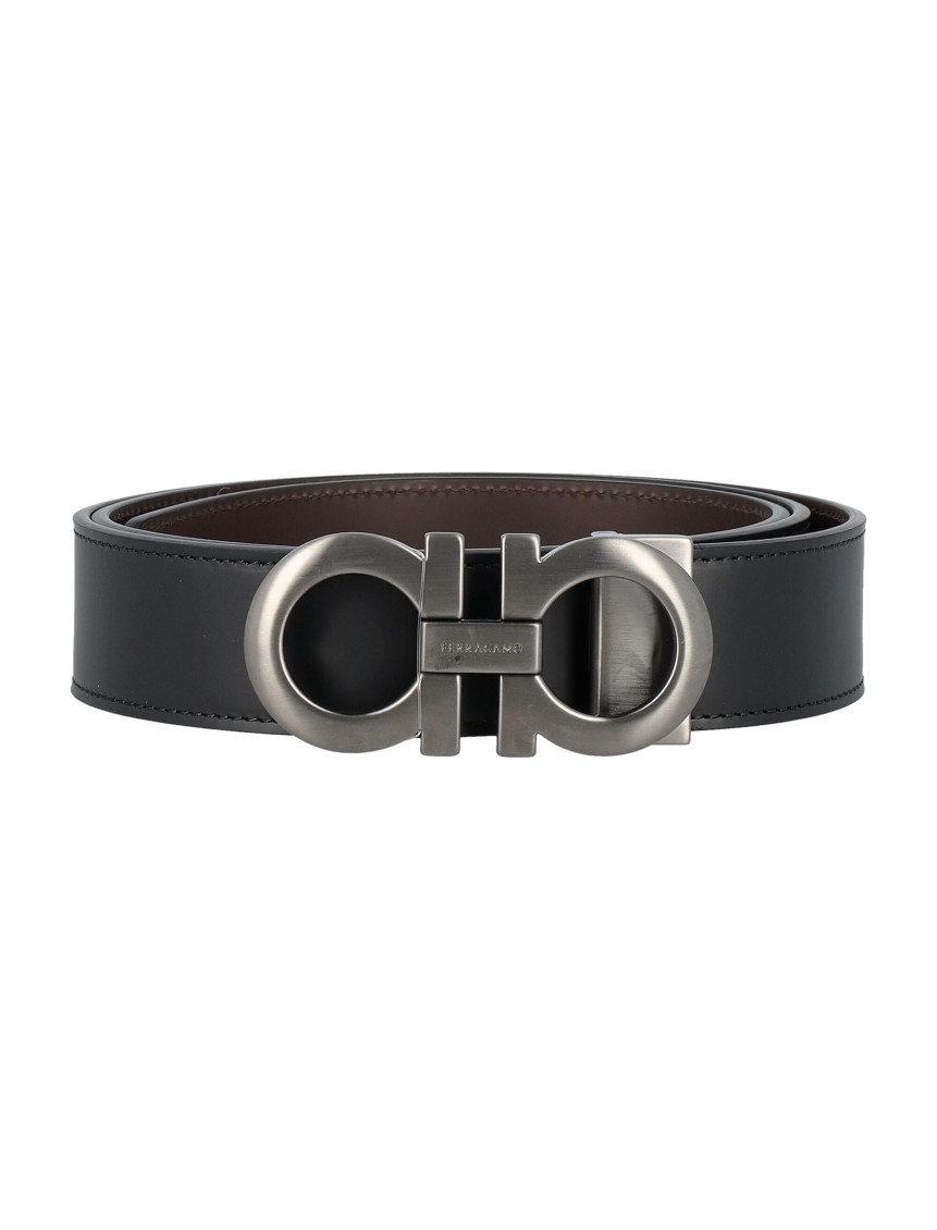 Ferragamo Reversible Belt With Brushed Finish Gancini In Black