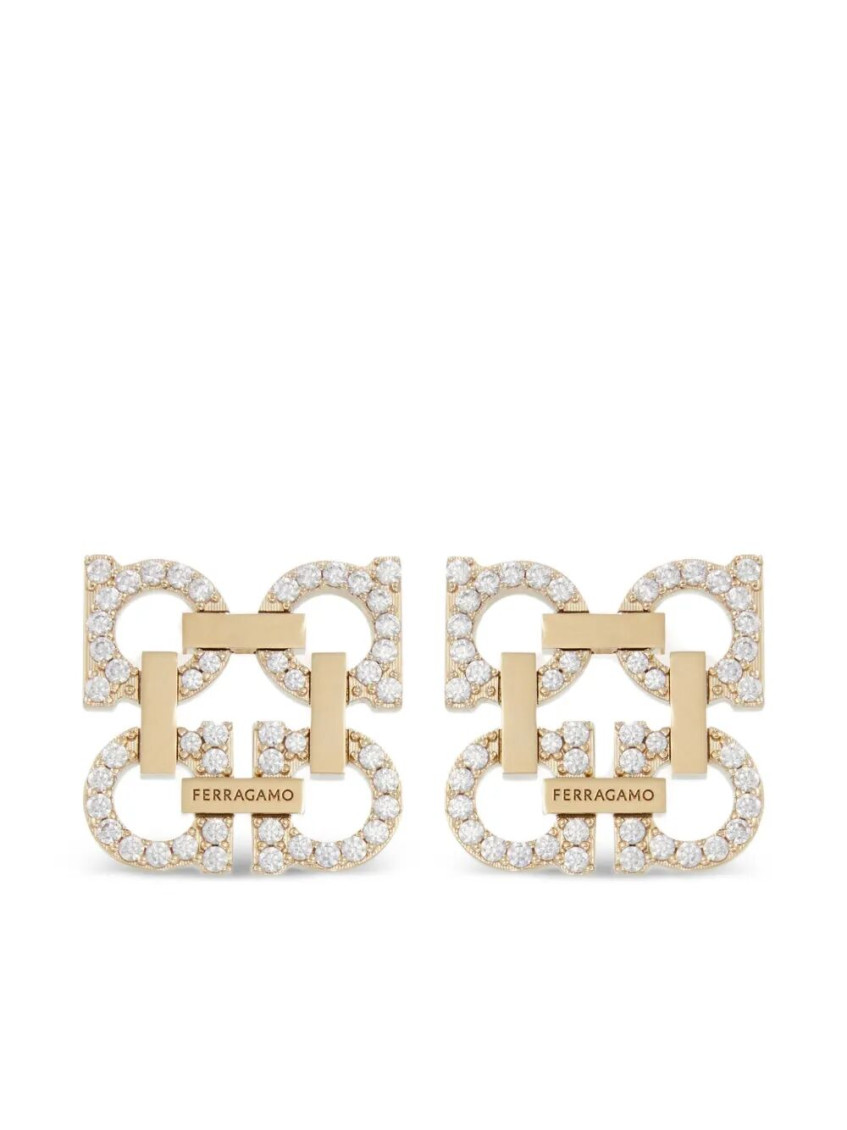 Ferragamo Crystal Embellished Four Gancini Clip On Earrings
