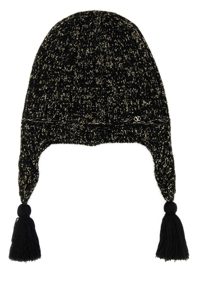 Valentino Wool Blend Beanie With Knit Texture And Tassel Embellishments In Black