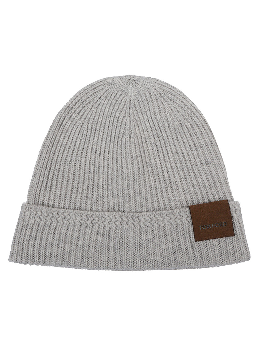 Tom Ford Light Grey Cashmere Hat With Ribbed Texture And Leather Patch In Gray
