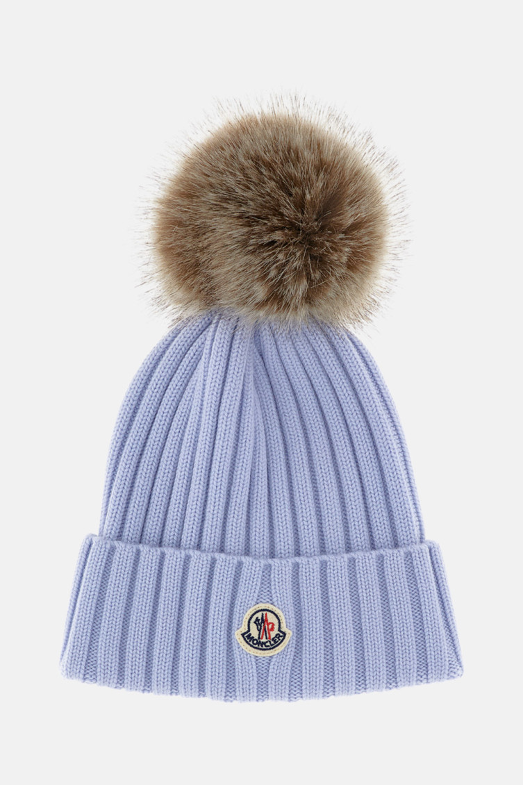 Moncler Ribbed Knit Hat With Fluffy Pom-pom In Blue