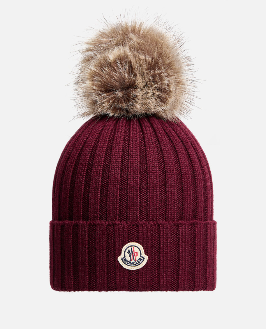 Moncler Maroon Logo Ribbed Texture Beanie Hat In Red