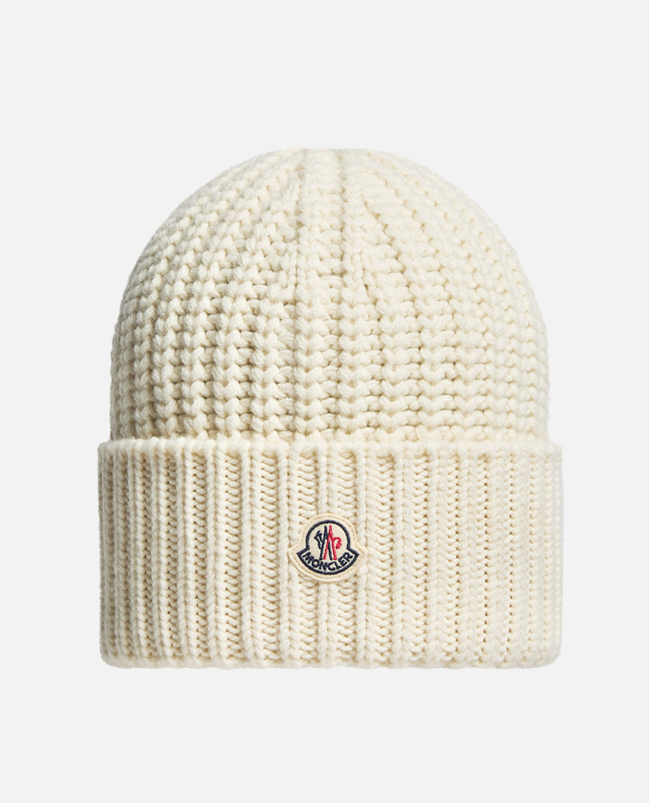 Moncler Off White Ribbed Texture Logo Beanie Hat In White