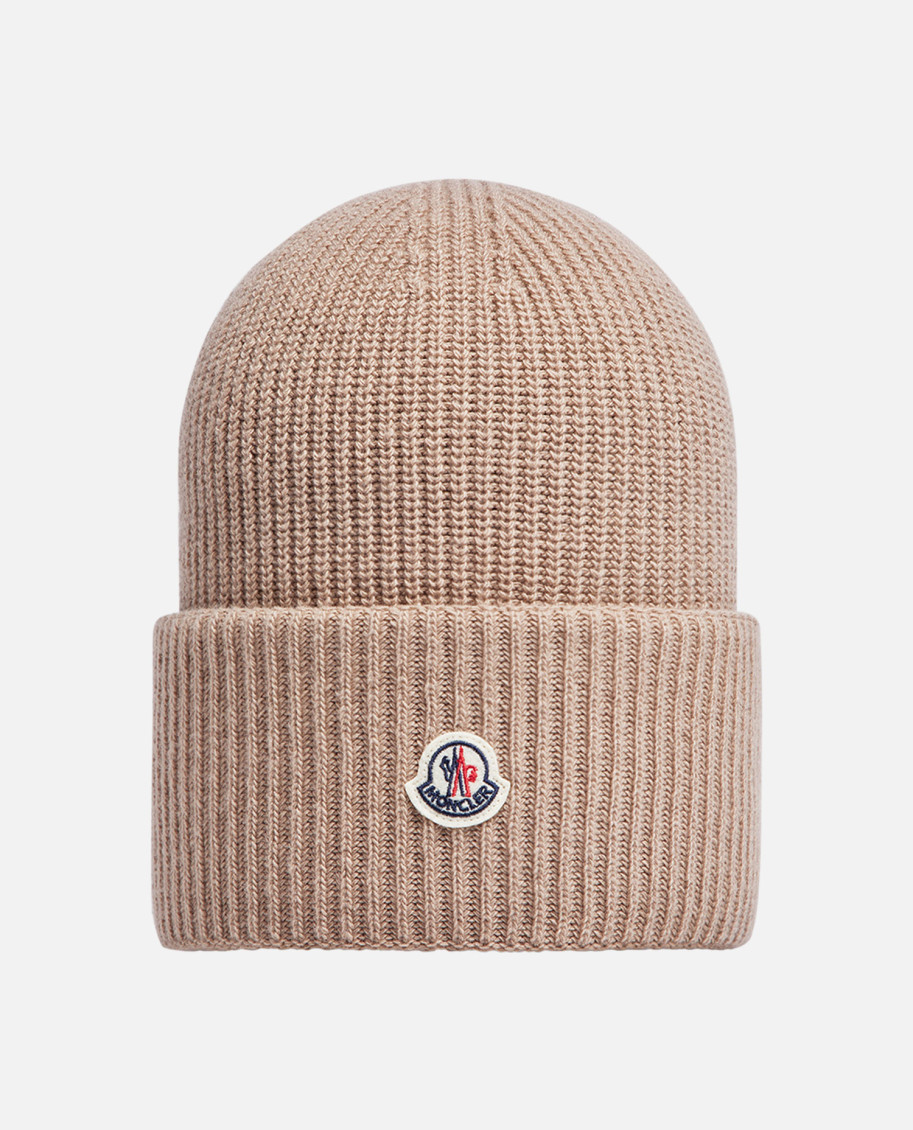 Moncler Beige Ribbed Texture Beanie Hat In Brown